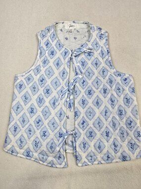 Japna Quilted 100% Cotton Floral Diamond Cottagecore Granny Vest M White & Blue